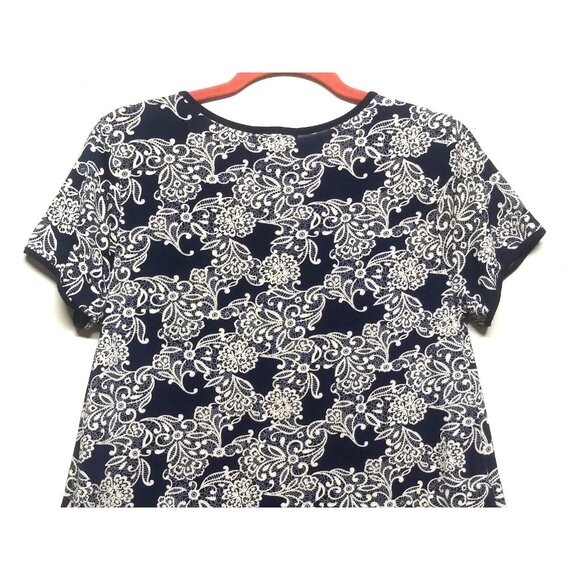 Espresso Dress shift flare textured Navy white floral short sleeve Sz L stretch - Picture 4 of 8